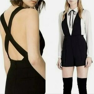 Maje India Plunge Romper Shorts Sz S Black Neoprene Mini Shortalls Preppy